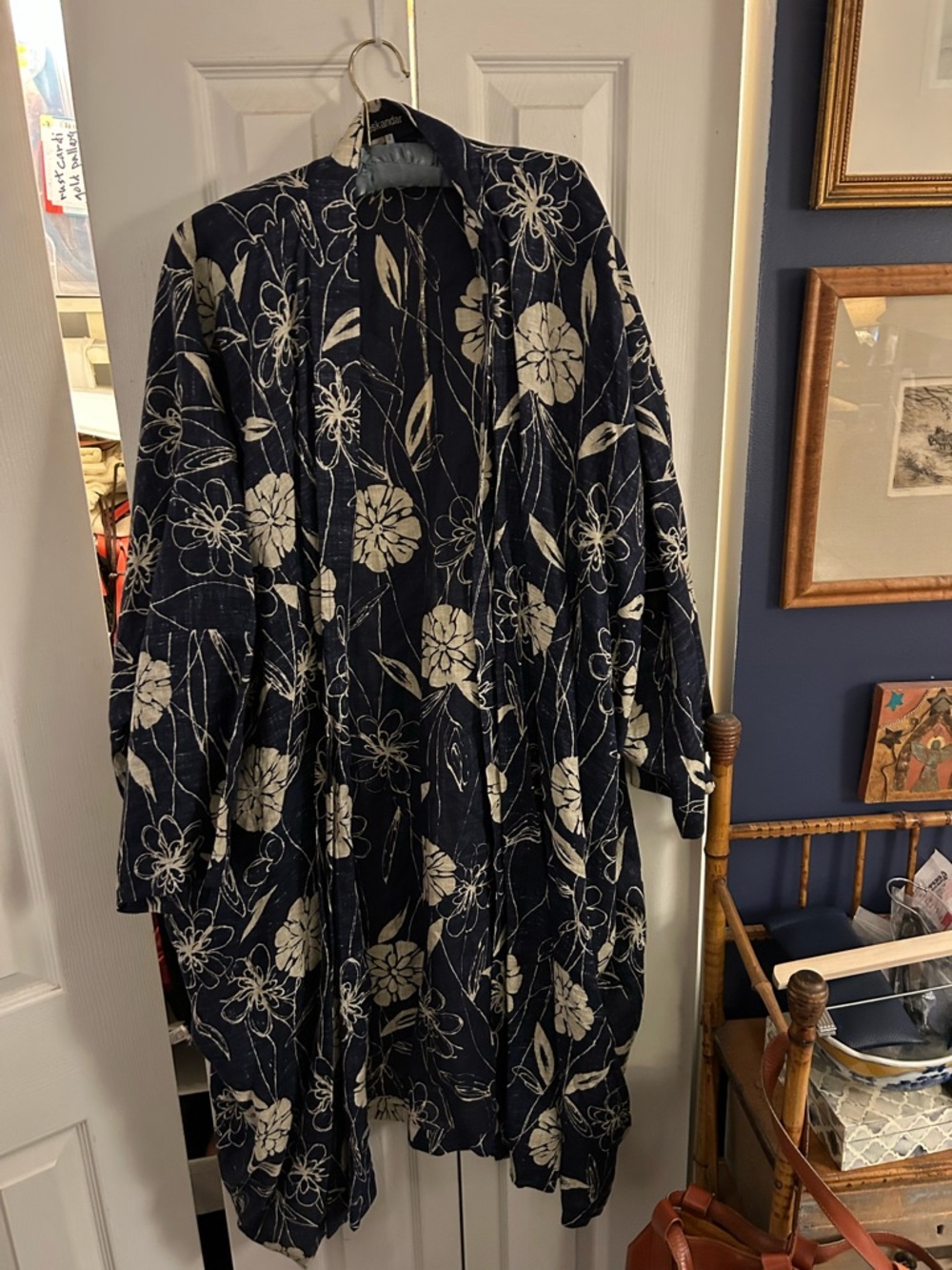 eskandar Navy and Cream Floral Long Jacket